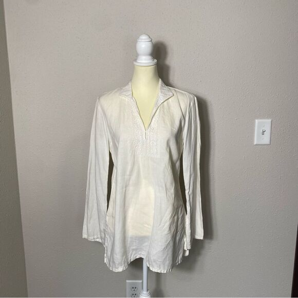 Promod White Linen Embroidered Long Bell Sleeve Top Tunic Women's Size Medium - Picture 9 of 16